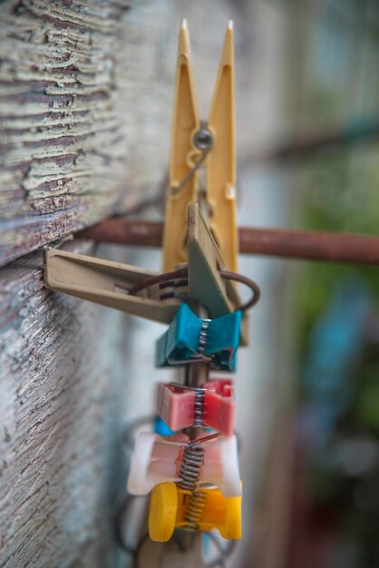 Clothespins hanging on the street