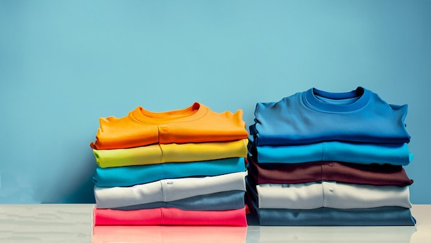 Clothing clothes fashion background Stack of colorful t shirts on table generative Ai