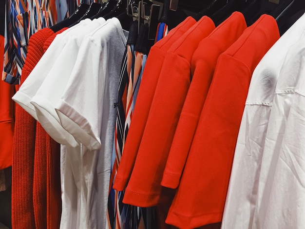 Clothing on display in a boutique store in shopping mall fast fashion