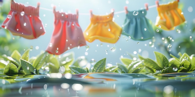 Photo clothing floating and detergent liquid in a commercial style generative ai