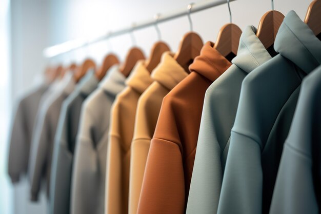 Photo clothing hanged in a cloth rack in a shop