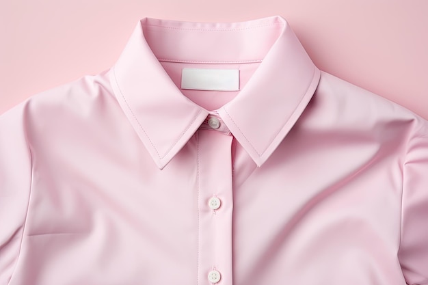 Photo clothing label on pastel pink garment top view