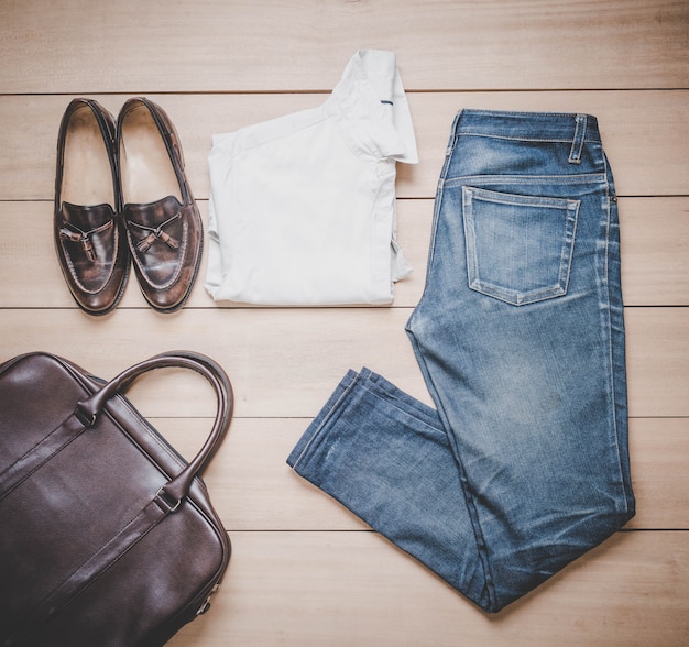 Clothing for men on the wooden background