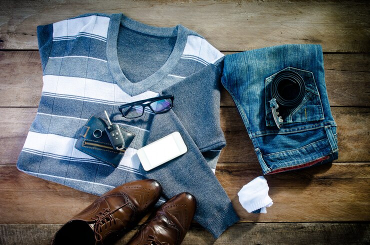 Photo clothing for men on the wooden floor