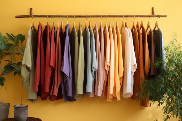 Clothing rack with color gradient shirts and plant decor