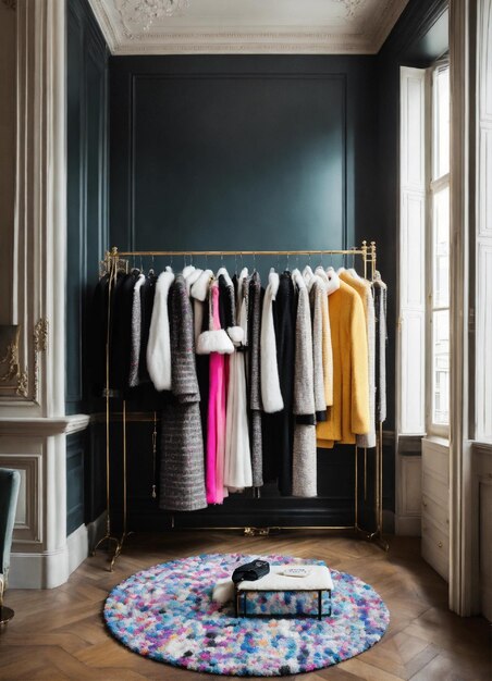 стойка для одежды с белым и черным и белым твидом красочный Шанель как женские наряды в Париже