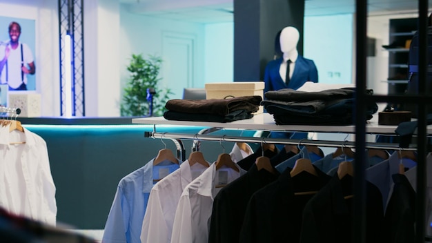 clothing store filled with trendy merchandise from modern fashion collections, retail shop boutique with fashionable and formal wear. empty store market filled with new fashion trends.