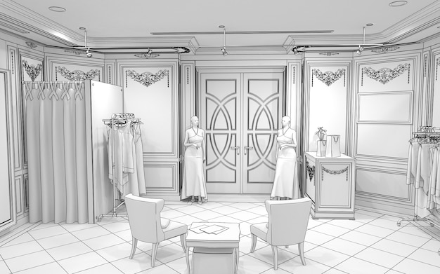 clothing store interior visualization 3D illustration