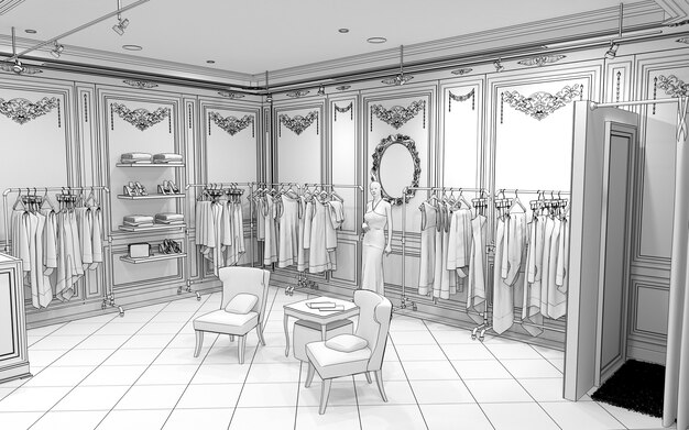 clothing store interior visualization 3D illustration