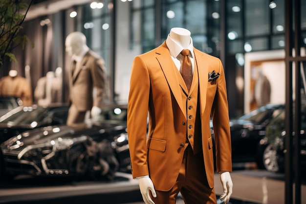 Photo clothing store mannequin wearing orange suit and bow tie