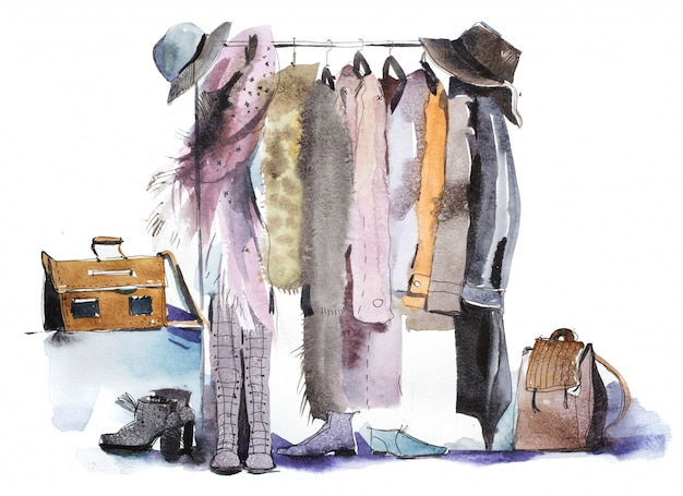Scaffalatura del negozio di vestiti ed esposizione dell'illustrazione dell'acquerello dei vestiti
