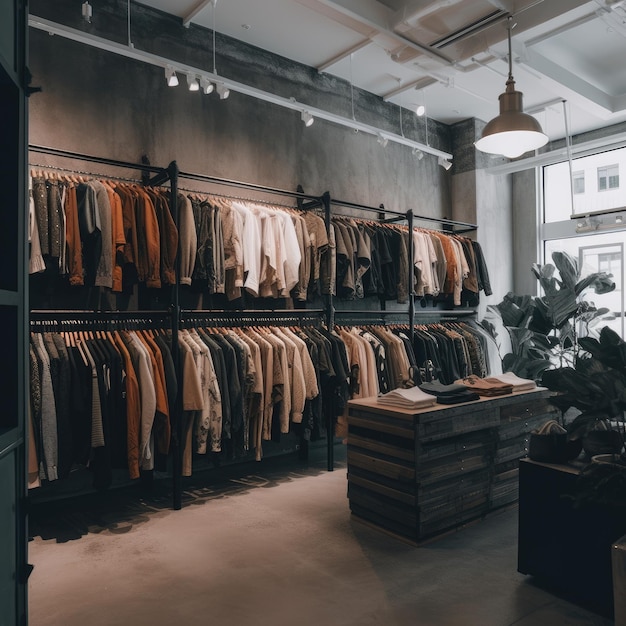 A clothing store with a rack of clothing