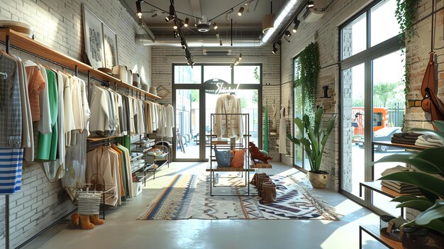 Photo a clothing store with a variety of clothes on display the store has a modern industrial feel with exposed brick walls and concrete floors