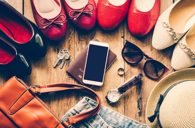 clothing for women, placed on a wooden floor