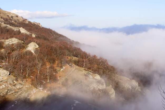 春の山の丘に雲が近づいています。クリミア半島、ウクライナ