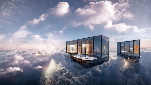 Architettura del cloud nuvole di paesaggio futuristico astratto al tramonto riflesso nell'acqua illustrazione 3d di edifici in vetro moderno