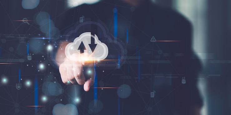 cloud computing backup technology concept Access to server communication services database connection with modern hardware and software interface for uploading and downloading data