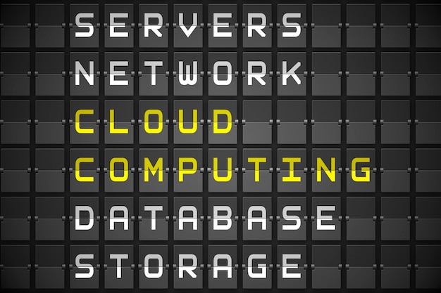 Foto cloud computing-buzzwords op zwarte mechanische raad