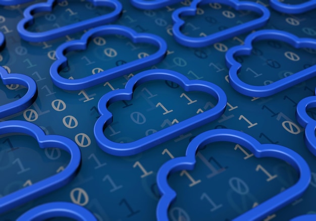 Cloud computing-concept Blauwe wolkvorm op een binaire codeachtergrond 3D Rendering