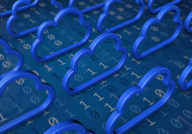 Cloud computing concept Blue cloud shape on a binary code background 3D Rendering