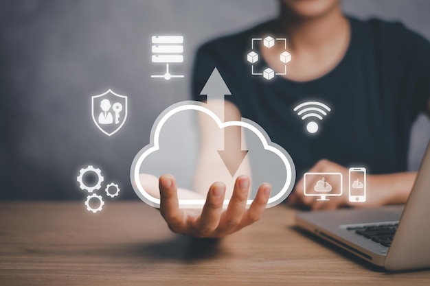 Cloud computing concept Business person hand holding cloud computing icon on virtual screen Backup Storage Data Internet networking and digital Share global technology concept