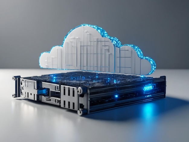 cloud computing concept represented by a server room with a cloud representation hologram concept
