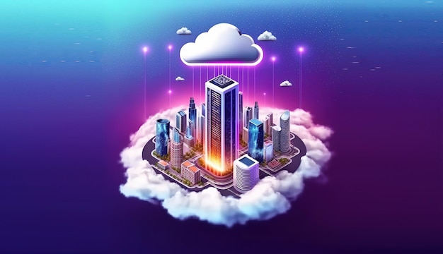 Cloud computing-concept Slimme stad met diensten 3d illustratie