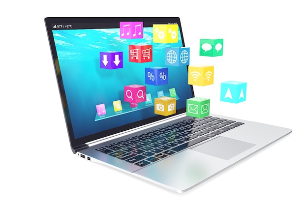 Cloud computing concept white laptop with cloud of color application icons isolated on white background 3d illustration