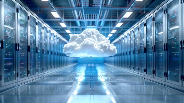 Концепция облачных вычислений с 3D-облаком, плавающим внутри коридора центра обработки данных