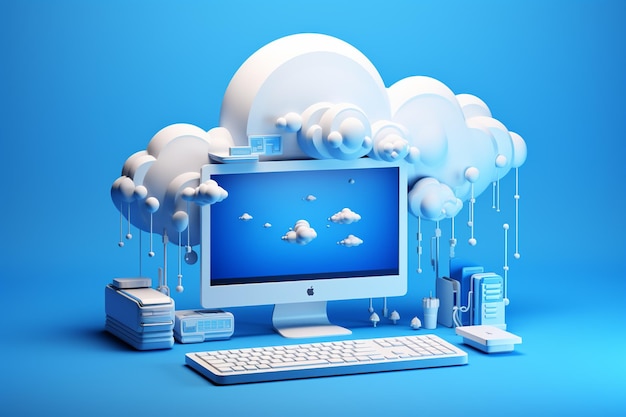 Photo cloud computing concept with computer and cloud computing 3d render on blue background