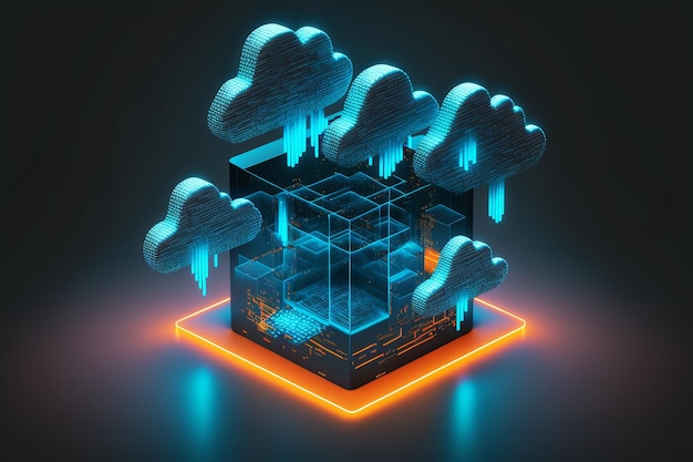 Cloud computing Data Base Technology-concept met gloeiende neonstructuren op een donkere achtergrond Generatieve AI-illustratie