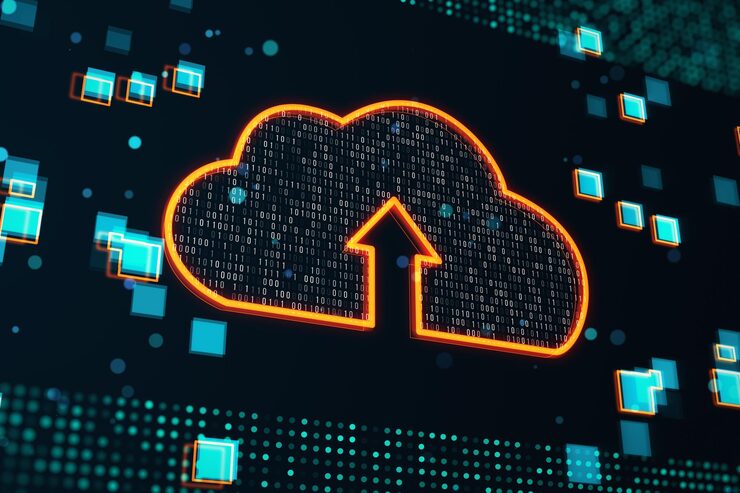 Photo cloud computing and data transfer concept with digital cloud symbol with arrow inside covered by binary code on abstract dark technological background with blue pixels 3d rendering