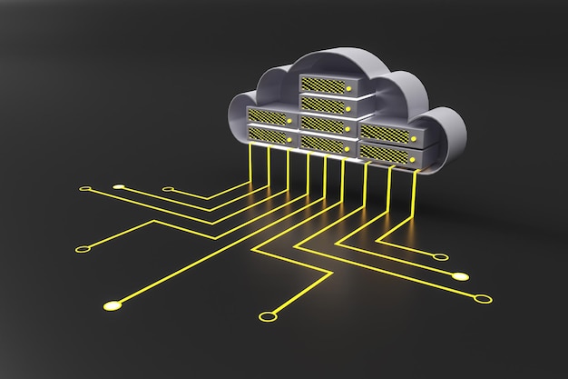 Облачные вычисления и концепция базы данных с облачной схемой и проводами на темном фоне