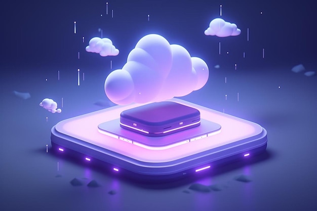 A cloud computing device with a blue background and purple lights