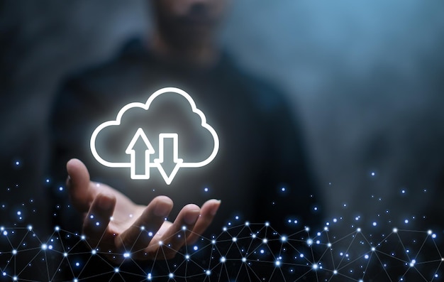 Cloud computing diagram show on man hand Cloud technology Data storage