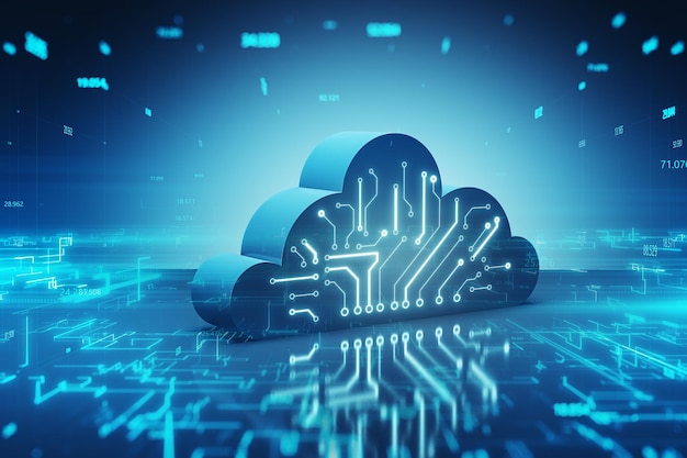 Cloud computing en gegevensopslagconcept met perspectiefweergave 3D digitaal cloudpictogram met circuitschema op abstracte donkerblauwe matrix technologische achtergrond 3D-rendering