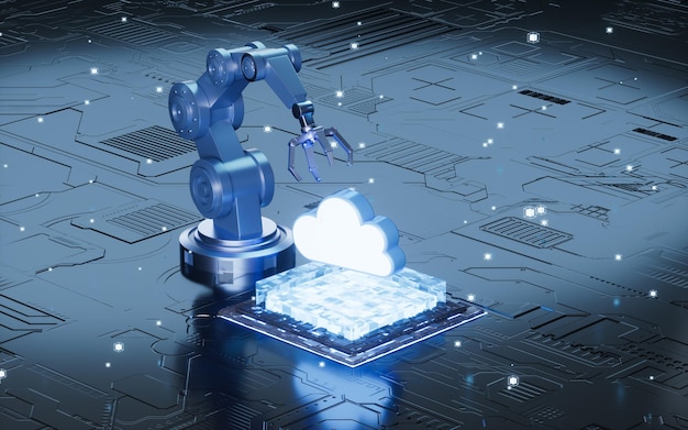 Cloud computing en mechanische arm in de scitech achtergrond 3D-rendering