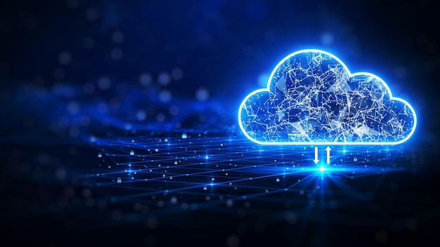 Cloud computing Het concept voor gegevensoverdracht en -opslag bestaat uit een witte veelhoekige onderling verbonden structuur erin Donkerblauwe achtergrond met kleine hangsloten verspreid over de achtergrond