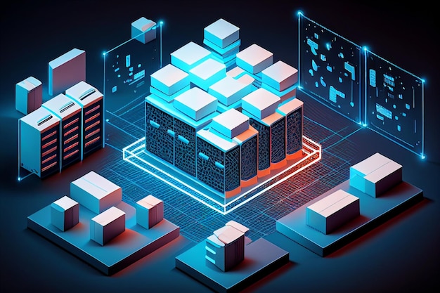 Cloud computing is een isometrische weergave van een modern datacenter met een pc-laptop, tablet en smartphone die is verbonden met een netwerk Generative AI