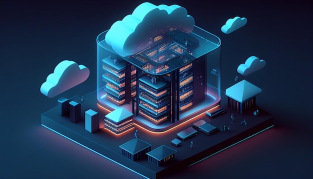 Cloud computing an isometric representation of a modern data center with a PC laptop tablet and smartphone connected to a network Generative AI