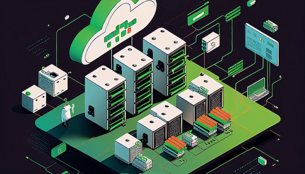 Photo cloud computing an isometric representation of a modern data center with a pc laptop tablet and smartphone connected to a network generative ai