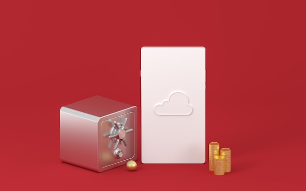 Photo cloud computing and safe box with red background 3d rendering