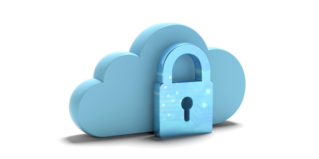 Cloud computing security blue cloud and padlock isolated on white background 3d illustration