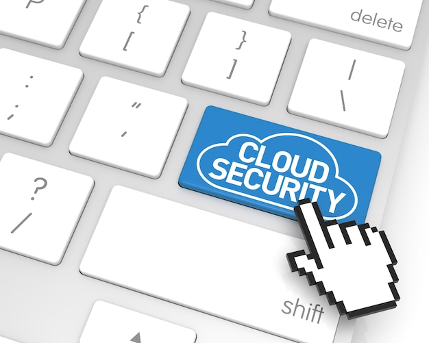 Cloud Computing Security voer sleutel in met handcursor. 3D-rendering