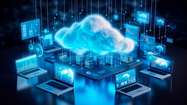 Cloud computing technologie Apparaten verbonden met digitale opslag in het datacentrum via het internet IOT Smart Home Communicatie laptop tablet telefoon thuis apparaten met een online Generatieve AI