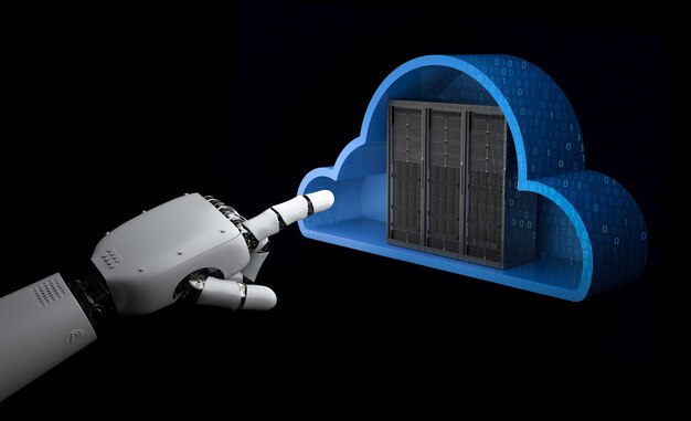 Cloud computing-technologie met 3d-renderingserver in de cloud met robothand