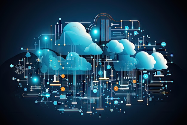 Cloud computing technologie toekomst wereld blauw en geel internet netwerk data server opslag