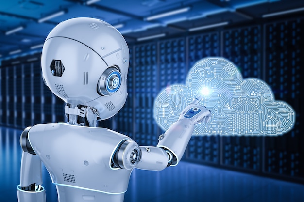 Cloud computing-technologieconcept met 3D-rendering schattige robot en grafische weergave