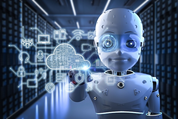 Cloud computing-technologieconcept met 3D-rendering schattige robot en grafische weergave