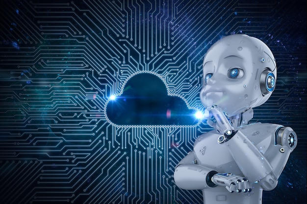 Cloud computing-technologieconcept met 3D-rendering schattige robot en grafische weergave